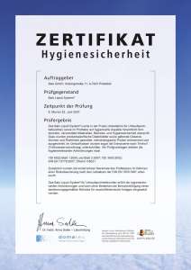 Zertifikat der Hygienesicherheit für das BALS Liquid System®, bescheinigt von Dr. Anna Salek, demonstriert die Einhaltung strenger Hygienestandards.